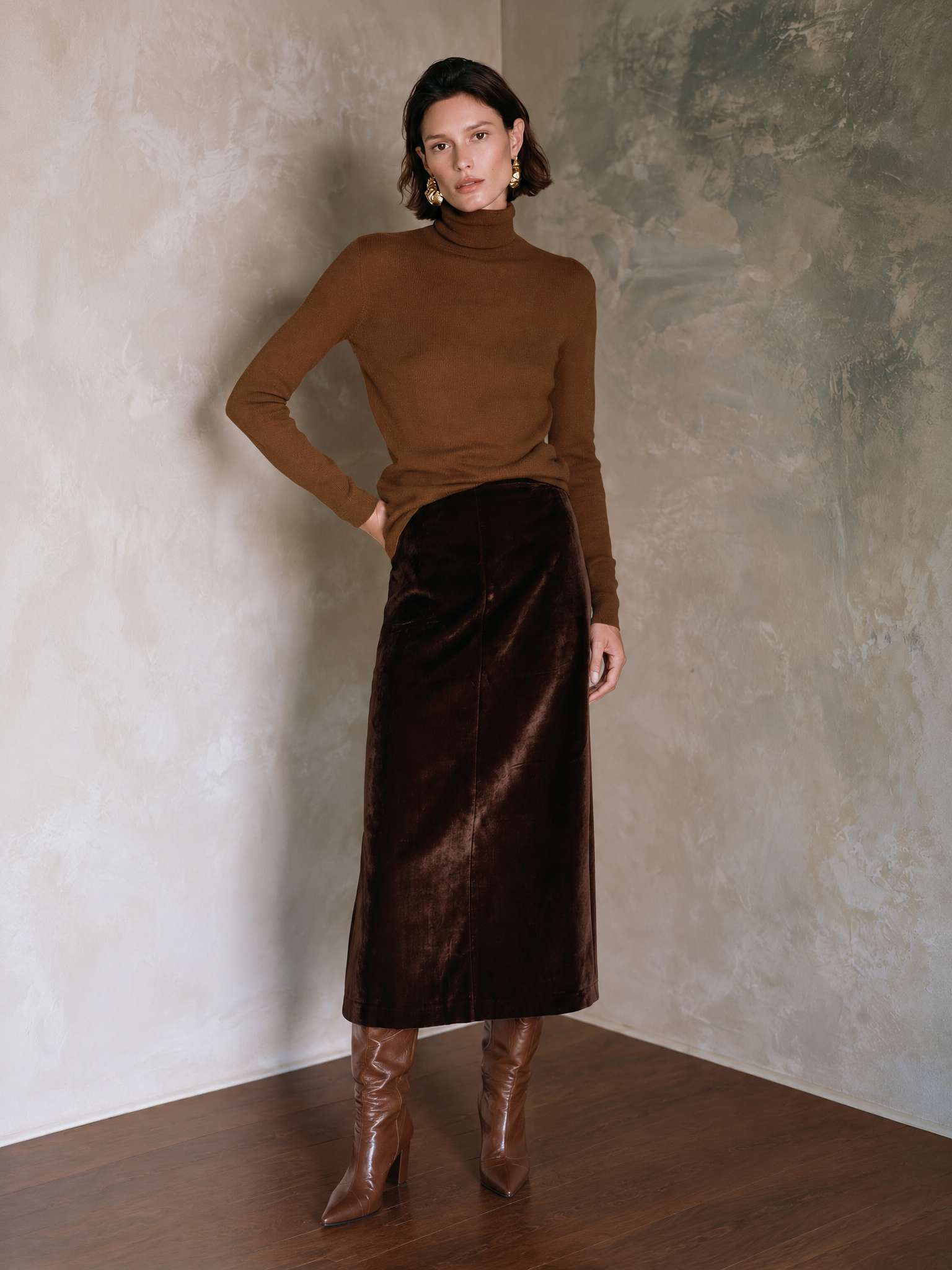 Women's Vintage Turtleneck Sweater And Velvet Skirt Set