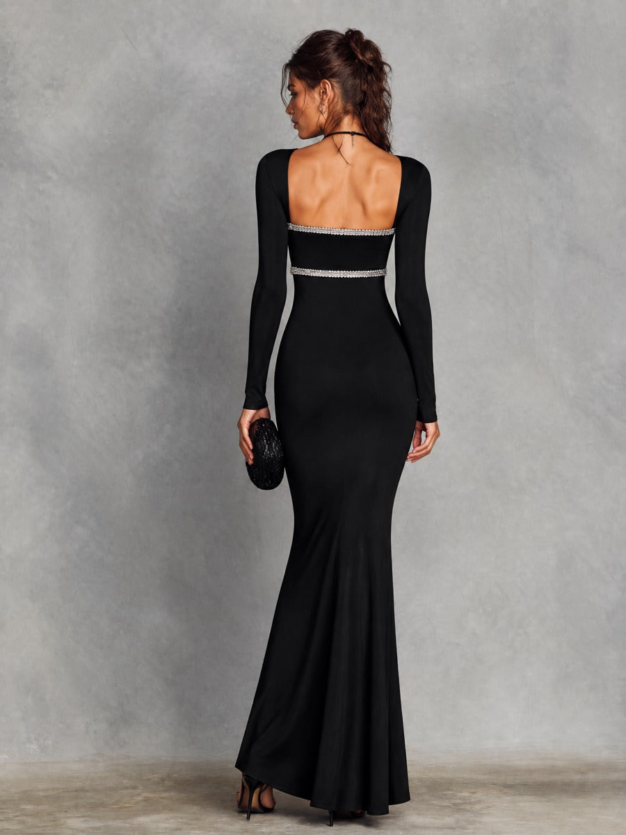 Women's Sweetheart Rhinestone Trim Long Sleeve Mermaid Maxi Evening Dress