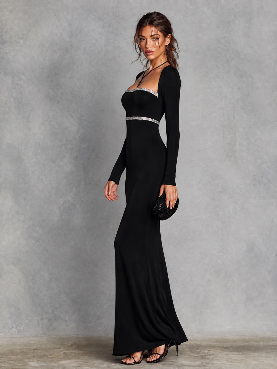 Women's Sweetheart Rhinestone Trim Long Sleeve Mermaid Maxi Evening Dress