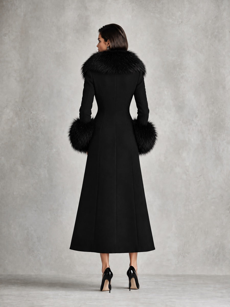 Women's Elegant Faux Fur Trim Double-Breasted Long Coat