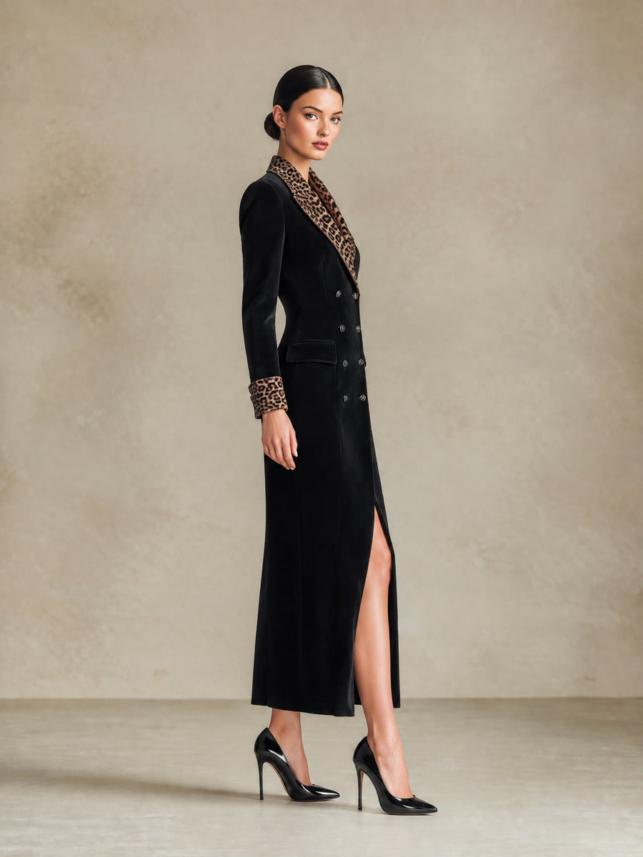 Women's Leopard-Trim Double-Breasted Long Sleeve Maxi Coat
