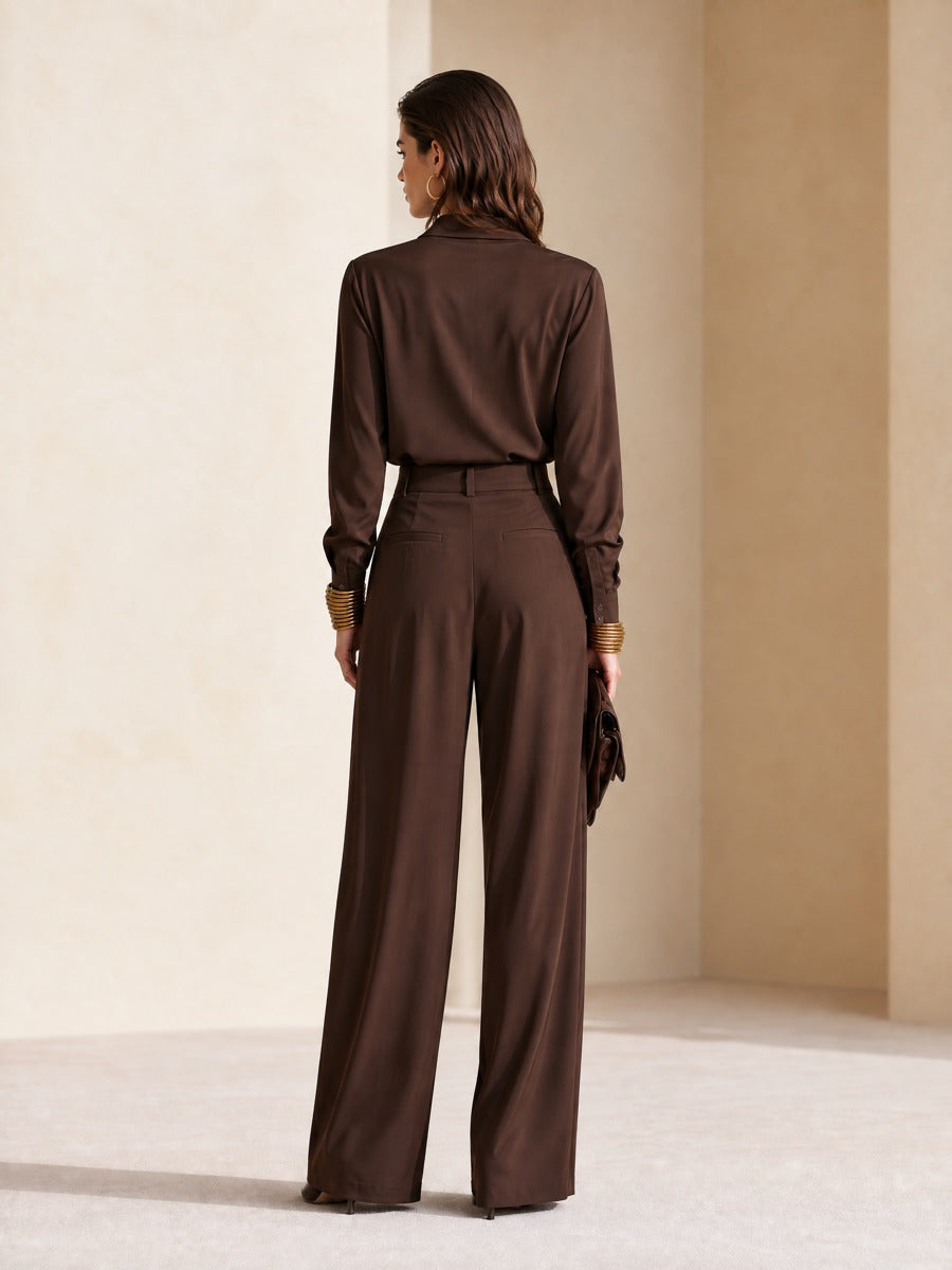 Women's Cowl Neck Wide-Leg Brown Pants Set
