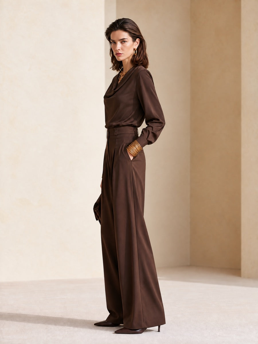 Women's Cowl Neck Wide-Leg Brown Pants Set