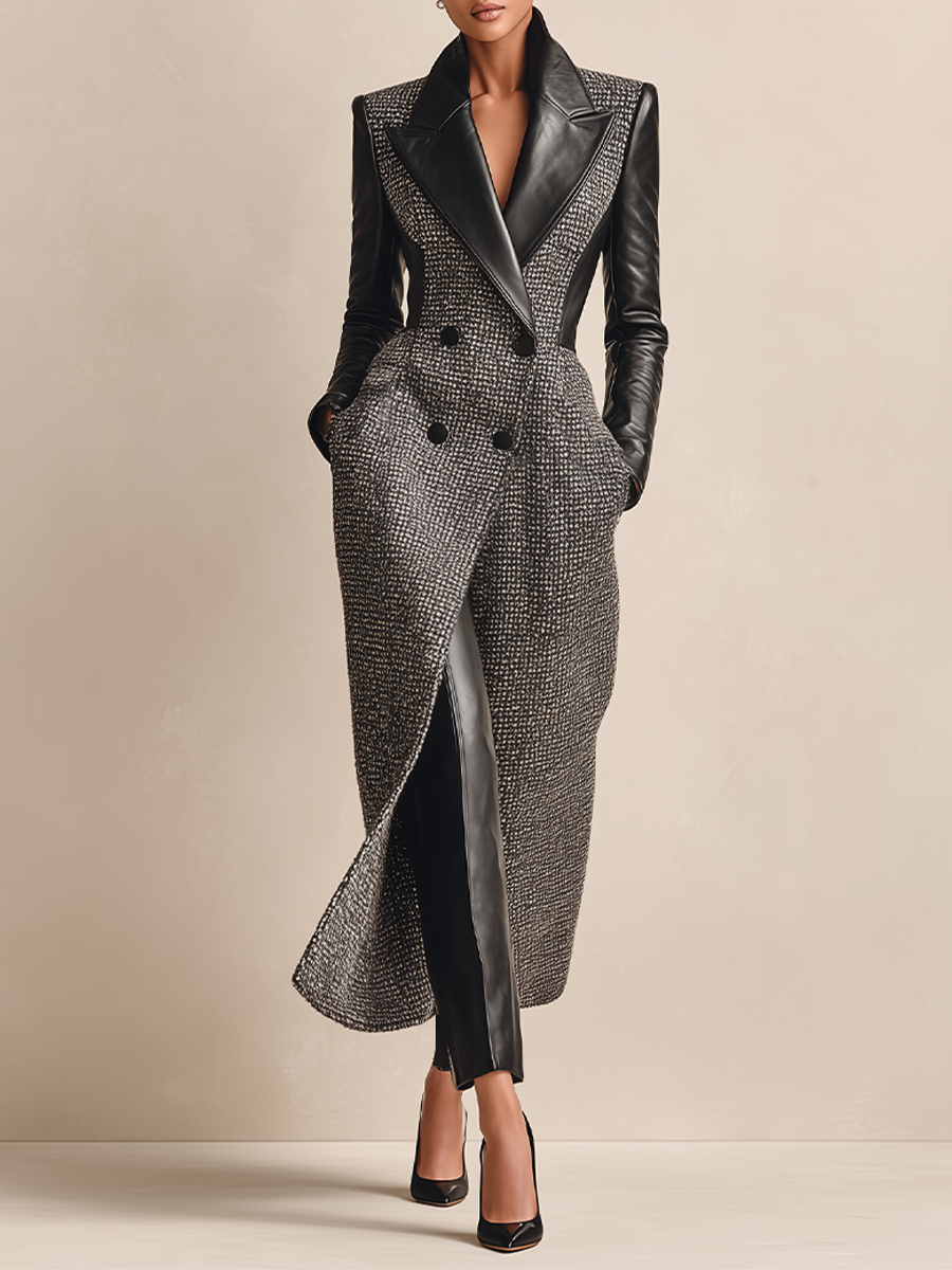 Women's Waist Fit Tweed Leather Lapel Coat