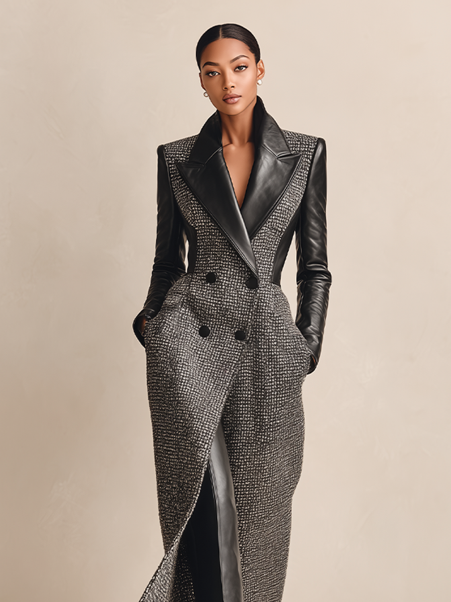 Women's Waist Fit Tweed Leather Lapel Coat