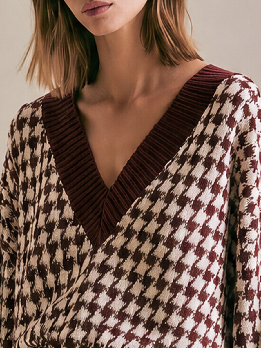 Women's Houndstooth V-Neck Balloon-Sleeve Burgundy Sweater