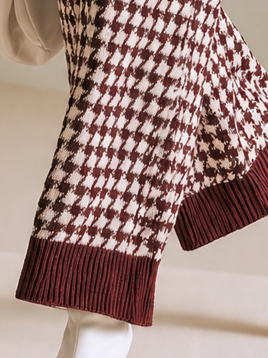 Women's Houndstooth Burgundy Knit Wide-Leg Pants