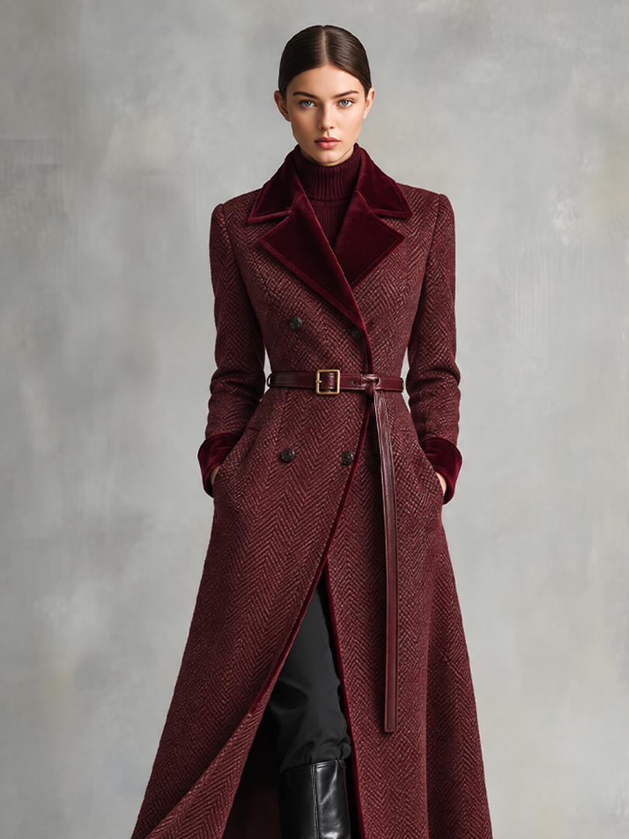 Women's Herringbone Cotton Blend Maxi Coat With Velvet Trim & Belt