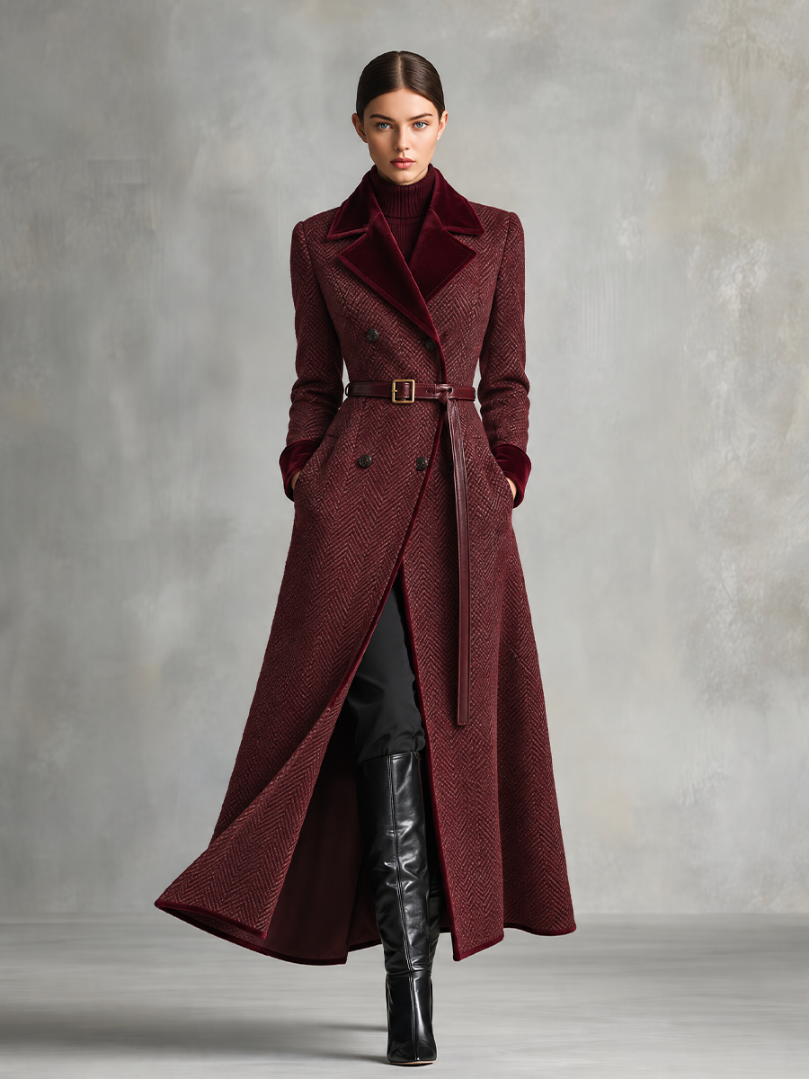 Women's Herringbone Cotton Blend Maxi Coat With Velvet Trim & Belt