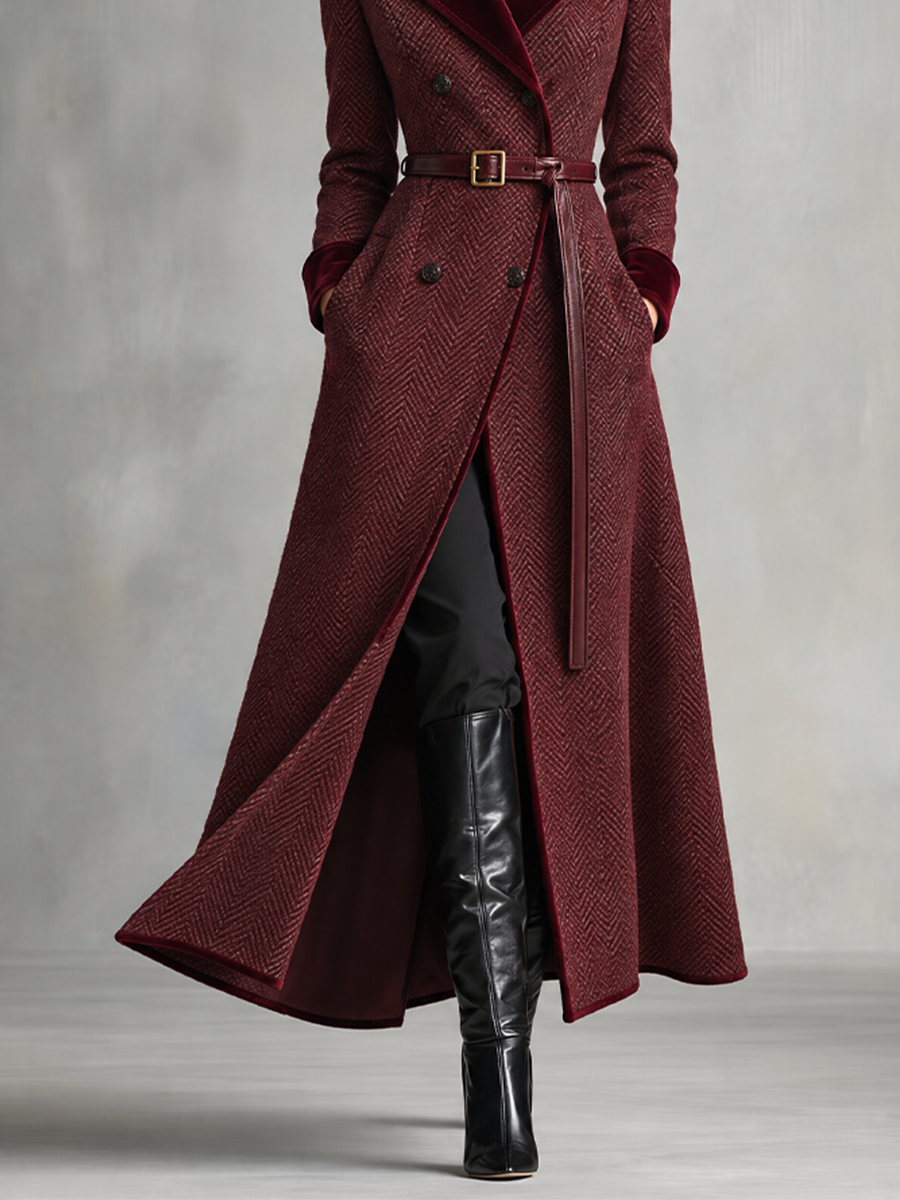 Women's Herringbone Cotton Blend Maxi Coat With Velvet Trim & Belt