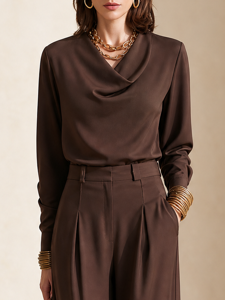 Women's Cowl Neck Wide-Leg Brown Pants Set