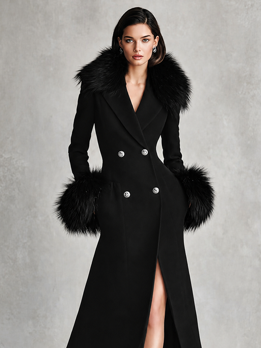 Women's Elegant Faux Fur Trim Double-Breasted Long Coat