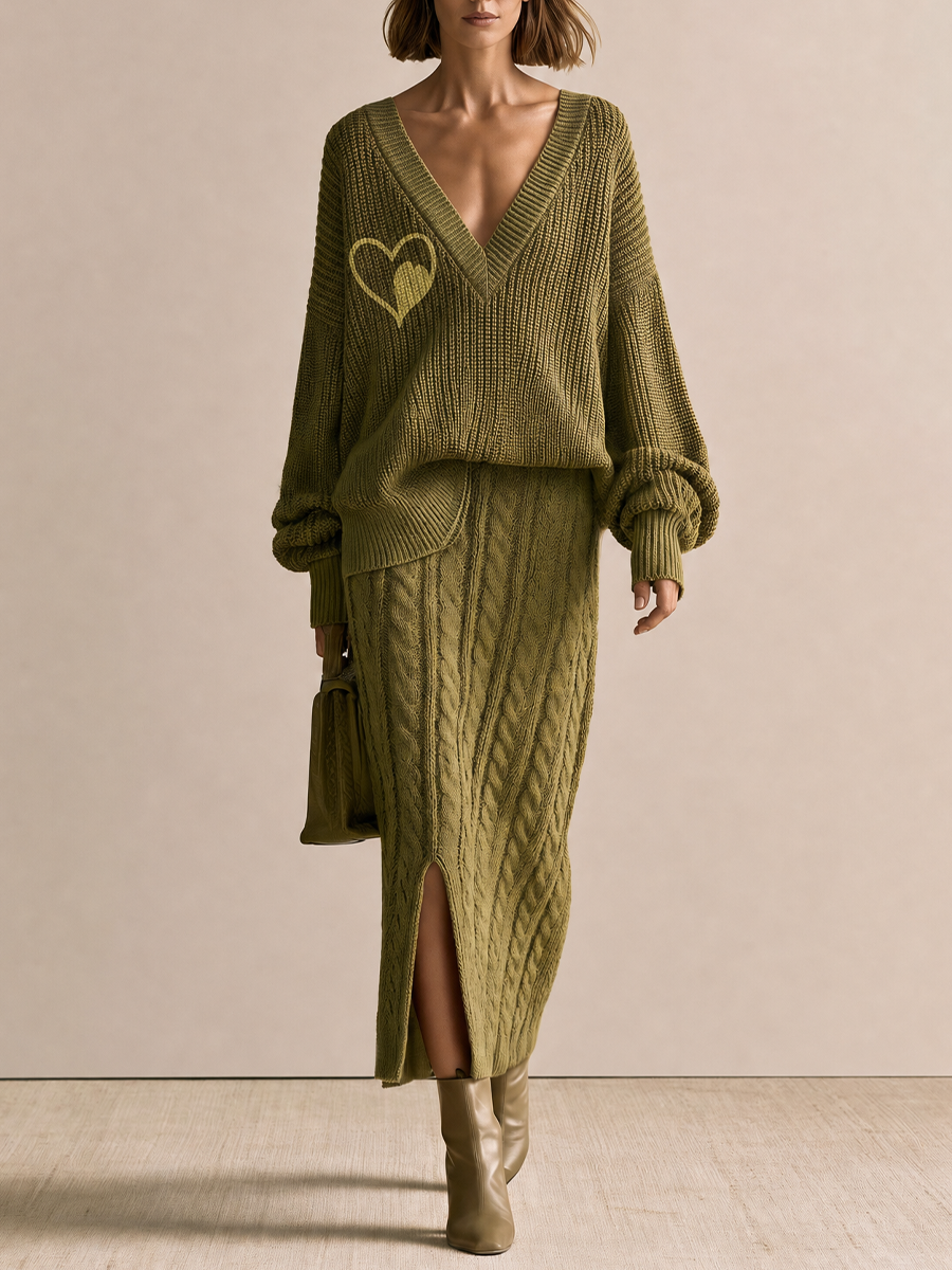 Women's Oversized V-Neck Heart Embroidery Sweater & Cable Knit Midi Skirt Set