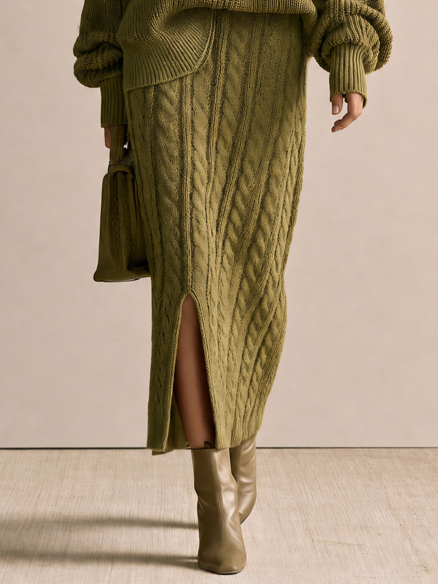 Women's Cable Knit Olive Green Midi Skirt