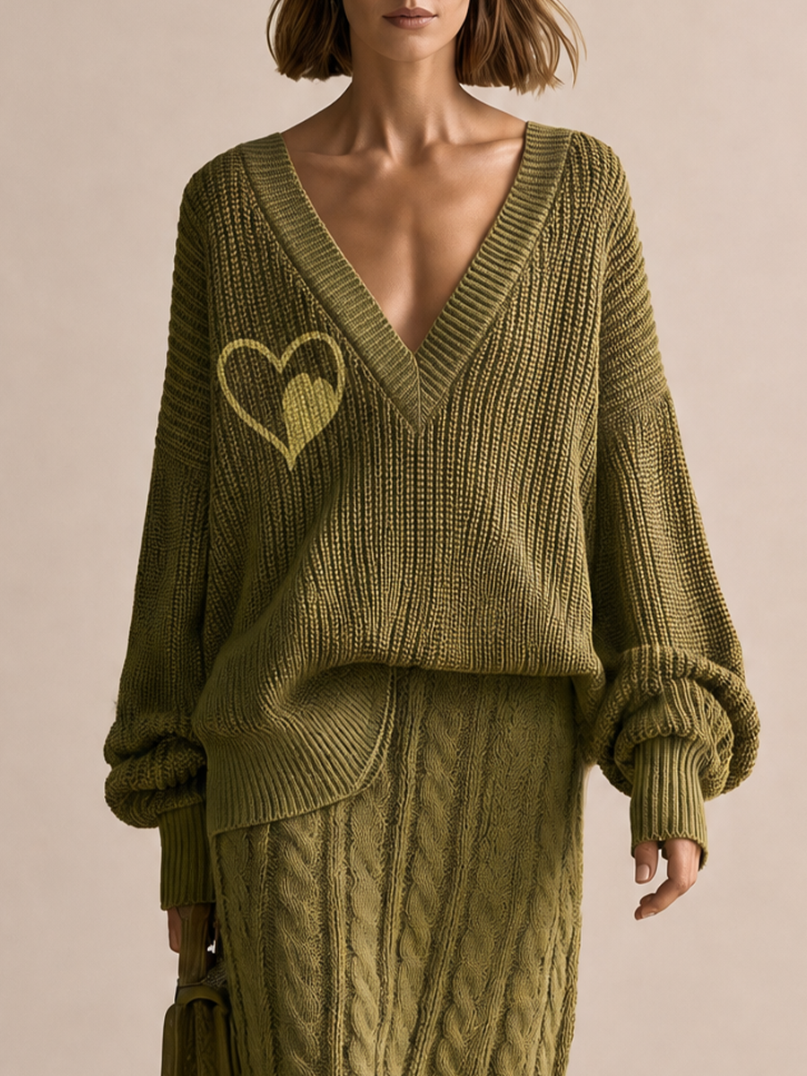 Women's Oversized V-Neck Heart Embroidery Sweater & Cable Knit Midi Skirt Set