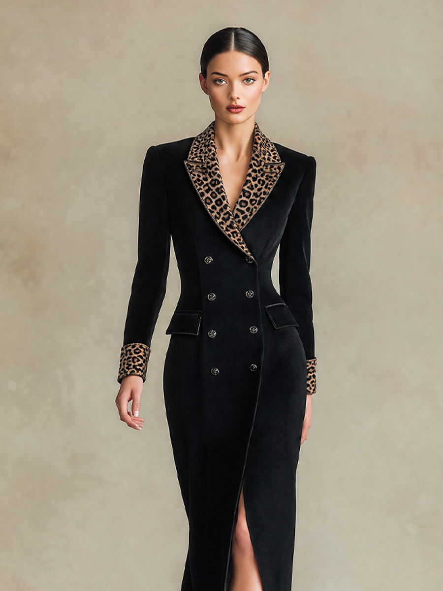 Women's Leopard-Trim Double-Breasted Long Sleeve Maxi Coat
