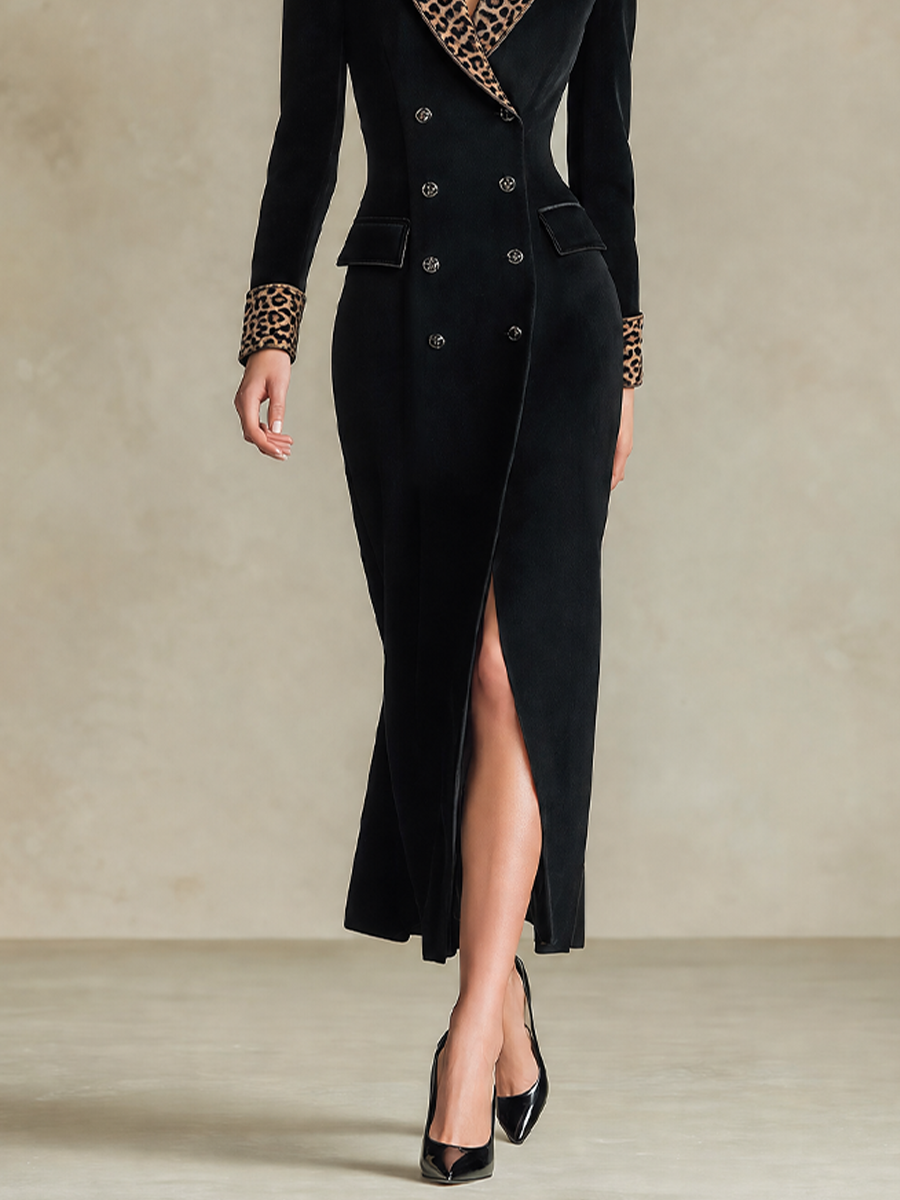 Women's Leopard-Trim Double-Breasted Long Sleeve Maxi Coat