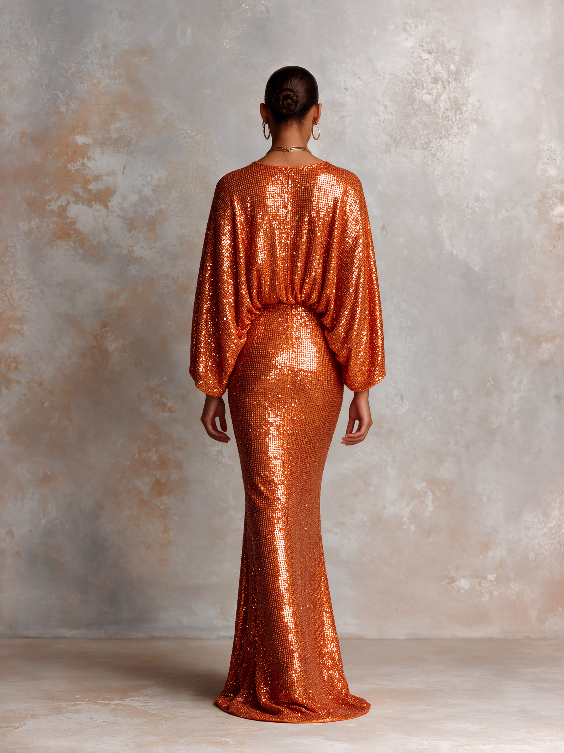 Women's Deep-V Sequin Gown Halloween Party With Batwing Sleeves