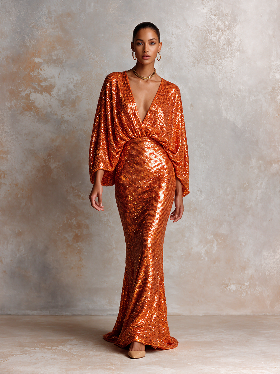 Women's Deep-V Sequin Gown Halloween Party With Batwing Sleeves