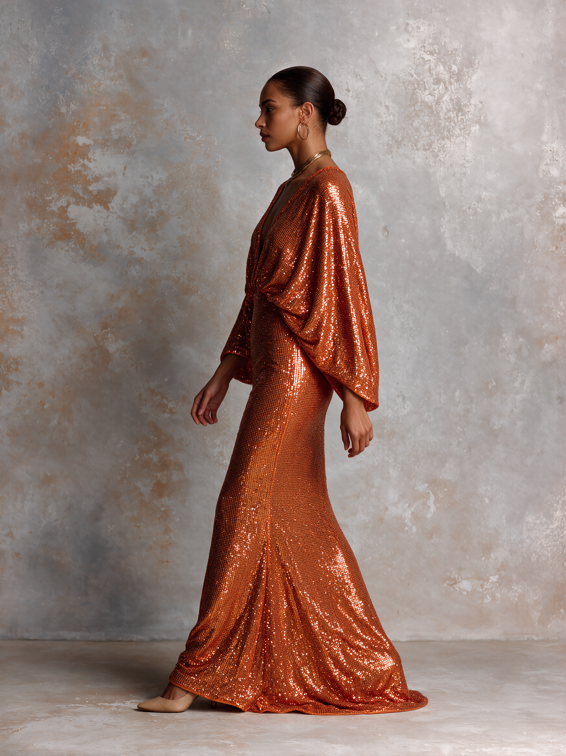 Women's Deep-V Sequin Gown Halloween Party With Batwing Sleeves