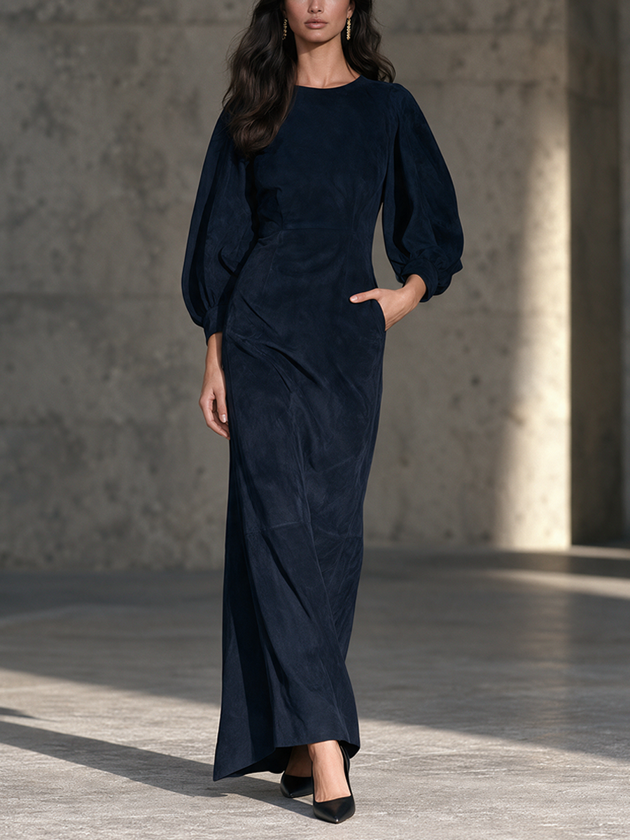 Women's Velvet Maxi Dress With Round Neck And Puff Sleeves