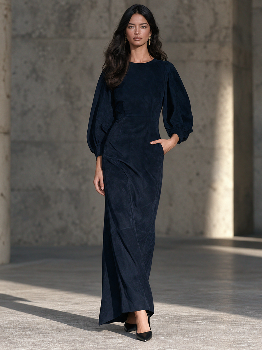 Women's Velvet Maxi Dress With Round Neck And Puff Sleeves
