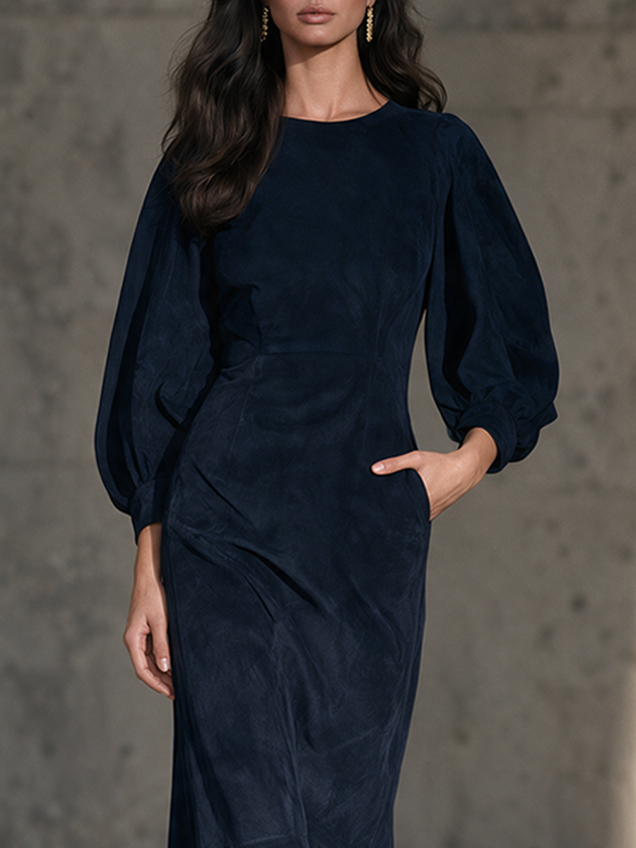 Women's Velvet Maxi Dress With Round Neck And Puff Sleeves