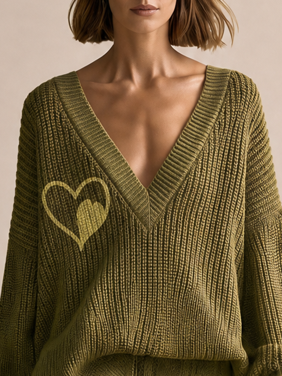 Women's Heart Detail V-Neck Olive Knit Sweater