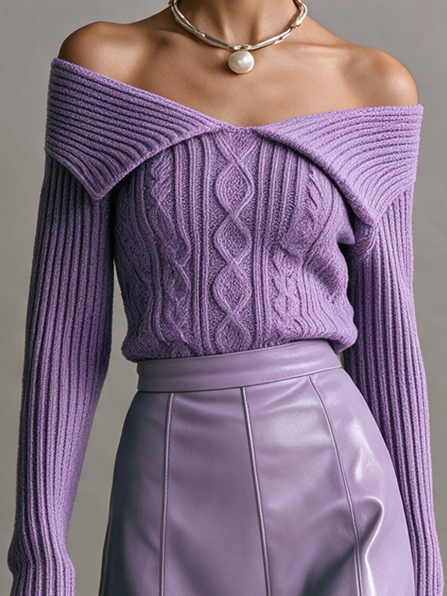 Women's Off-Shoulder Foldover Cable-Knit Long-Sleeve Top