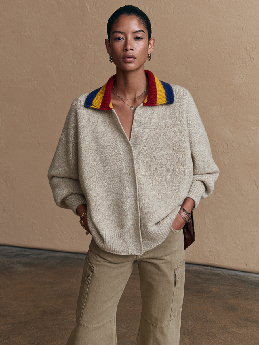 Women's Contrast Stripe Collar Casual Sweater