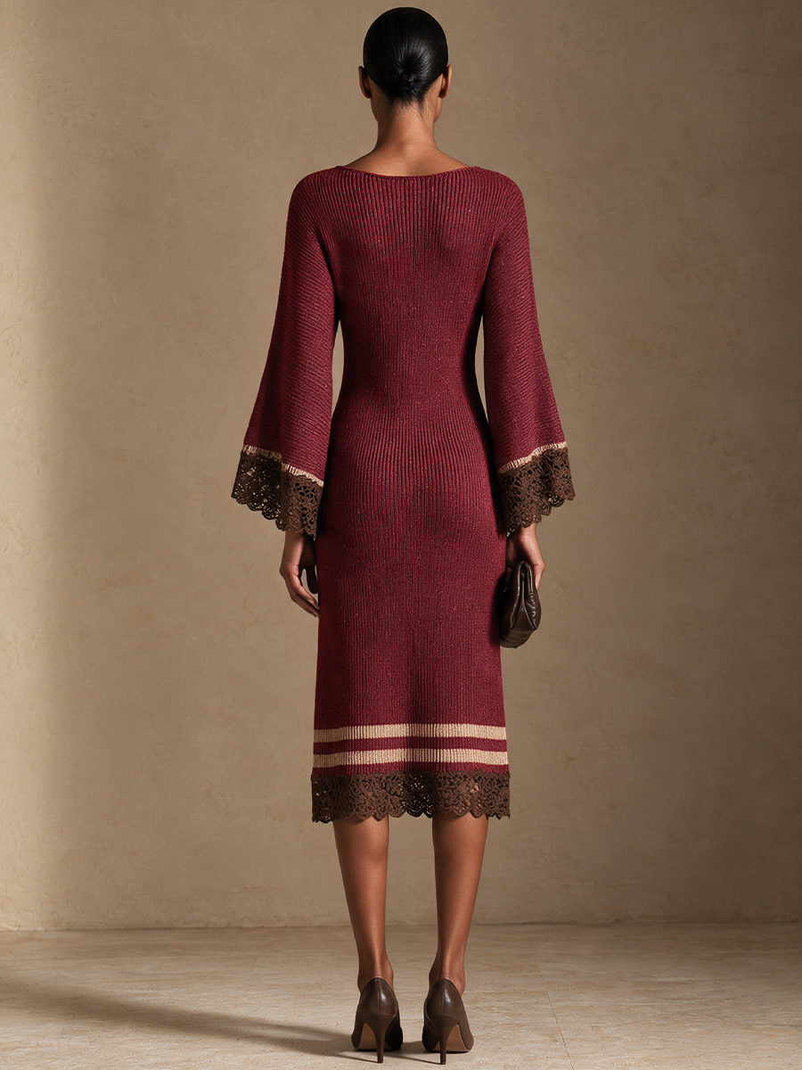 Women's Contrast Lace Panel Elegant Knit Midi Dress