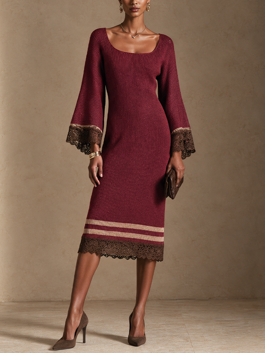 Women's Contrast Lace Panel Elegant Knit Midi Dress