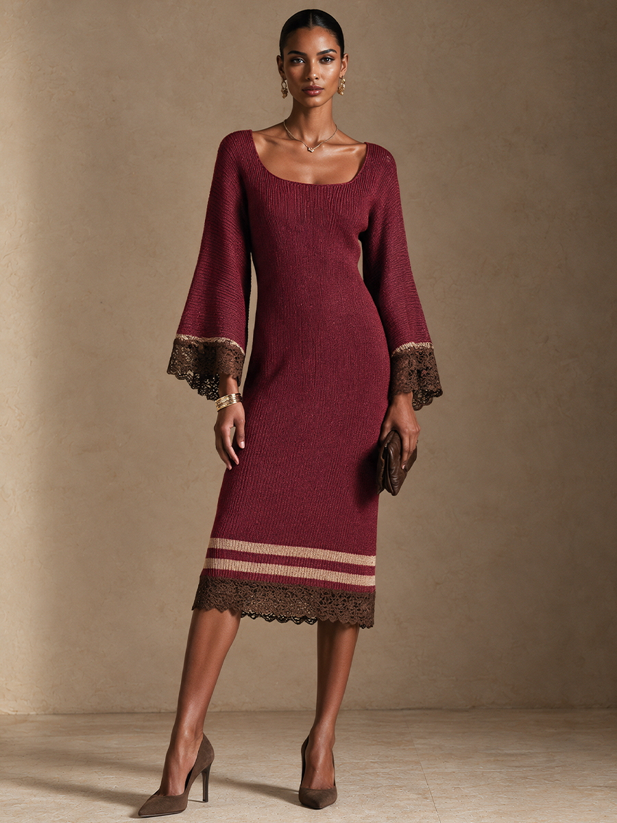 Women's Contrast Lace Panel Elegant Knit Midi Dress