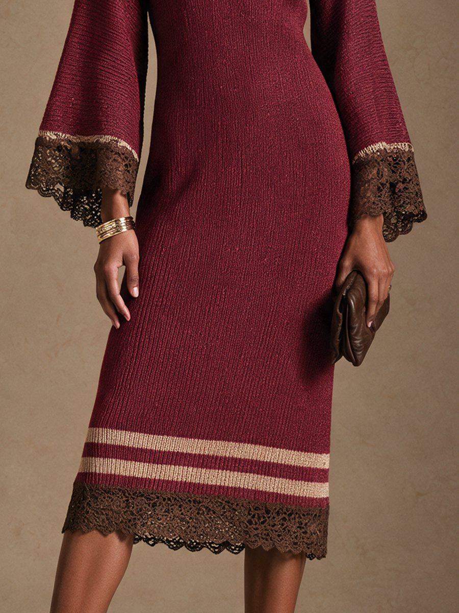 Women's Contrast Lace Panel Elegant Knit Midi Dress