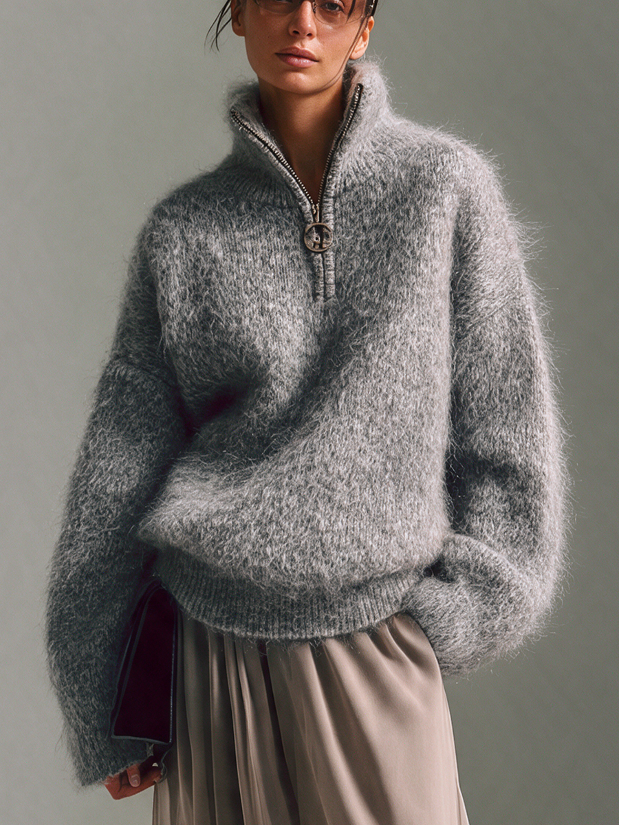 Women's Half Zip Fluffy Mohair Sweater