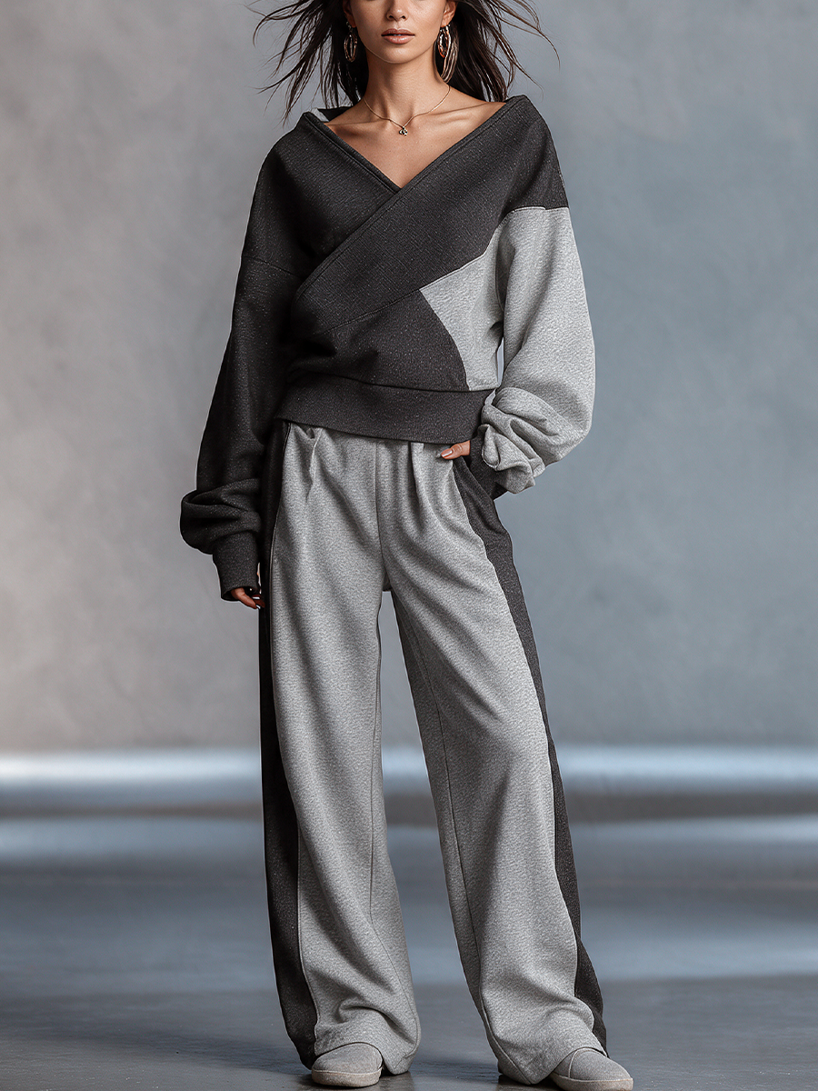 Women's Color Block Wrap Sweatshirt & Wide Leg Pants Set
