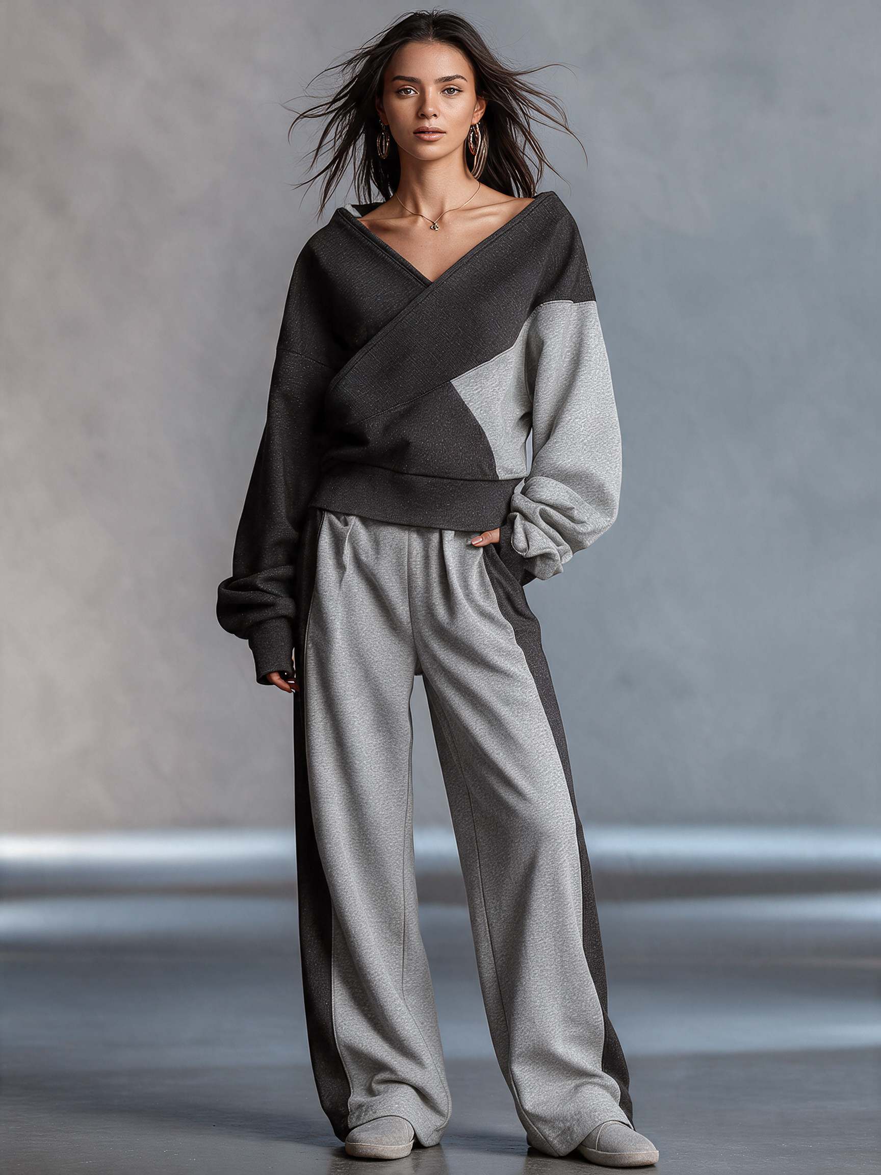 Women's Color Block Wrap Sweatshirt & Wide Leg Pants Set