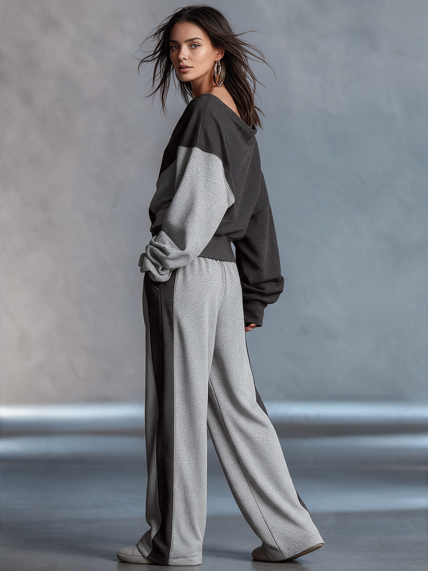 Women's Color Block Wrap Sweatshirt & Wide Leg Pants Set