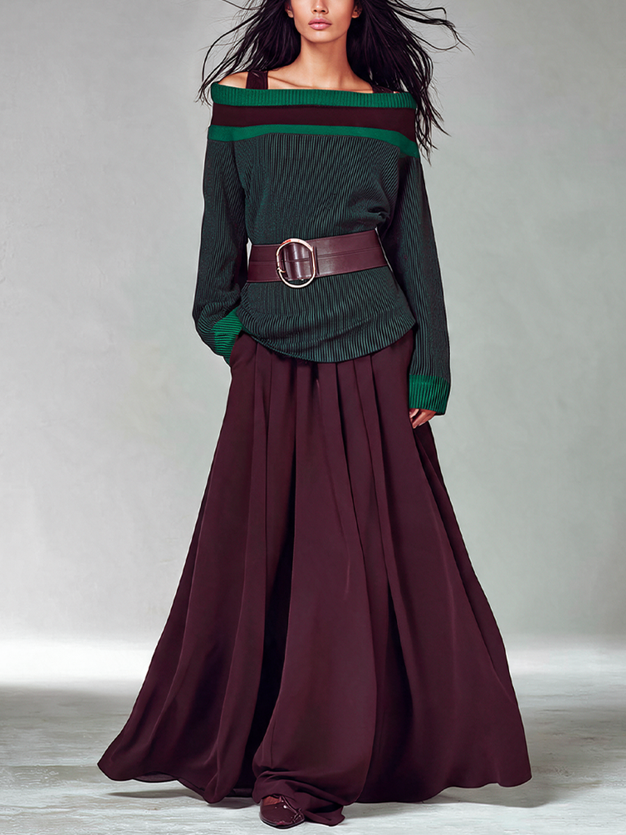 Women's Off Shoulder Striped Knit Top & Maxi Skirt Set