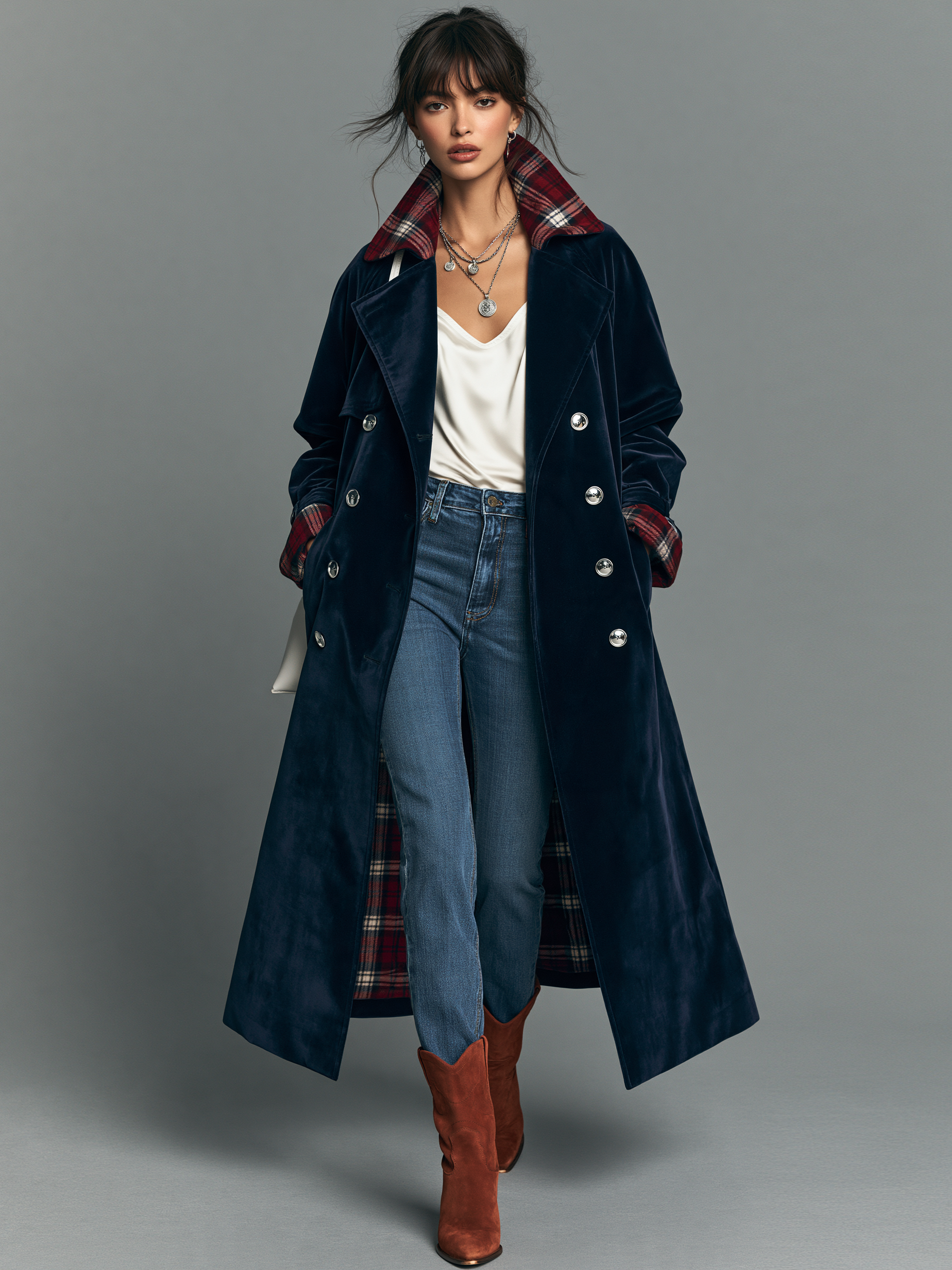 Women's Double-Breasted Coat With Vintage Velvet Paneling And Plaid Lining