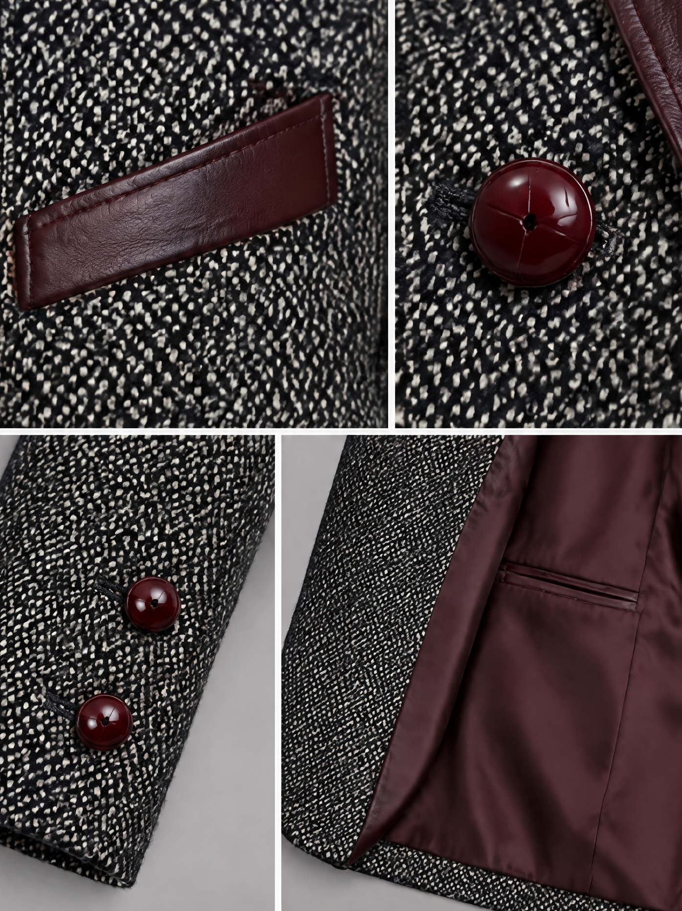Women's Vintage-Style Wool-Blend Blazer With Panel Leather Lapel