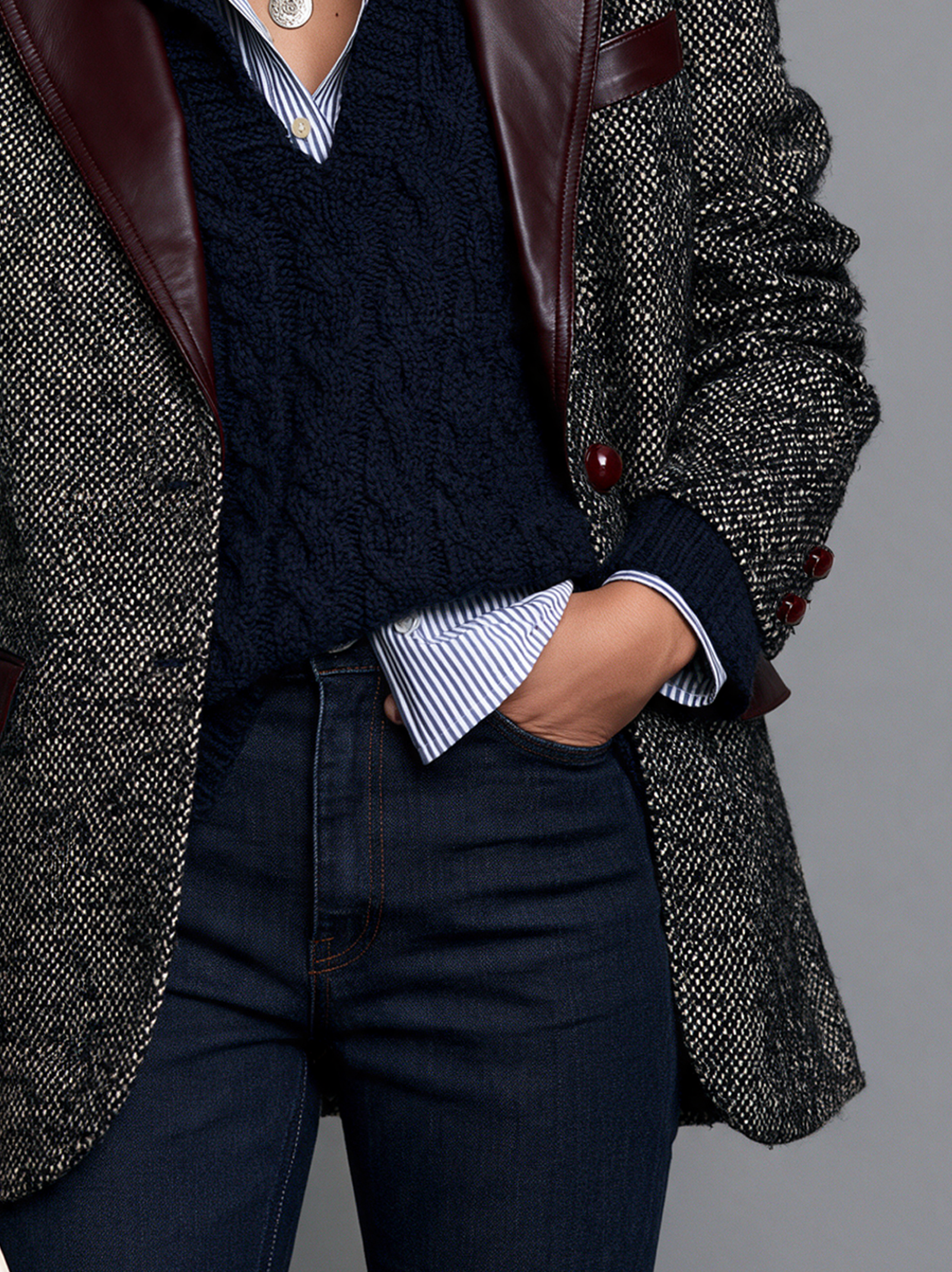 Women's Vintage-Style Wool-Blend Blazer With Panel Leather Lapel