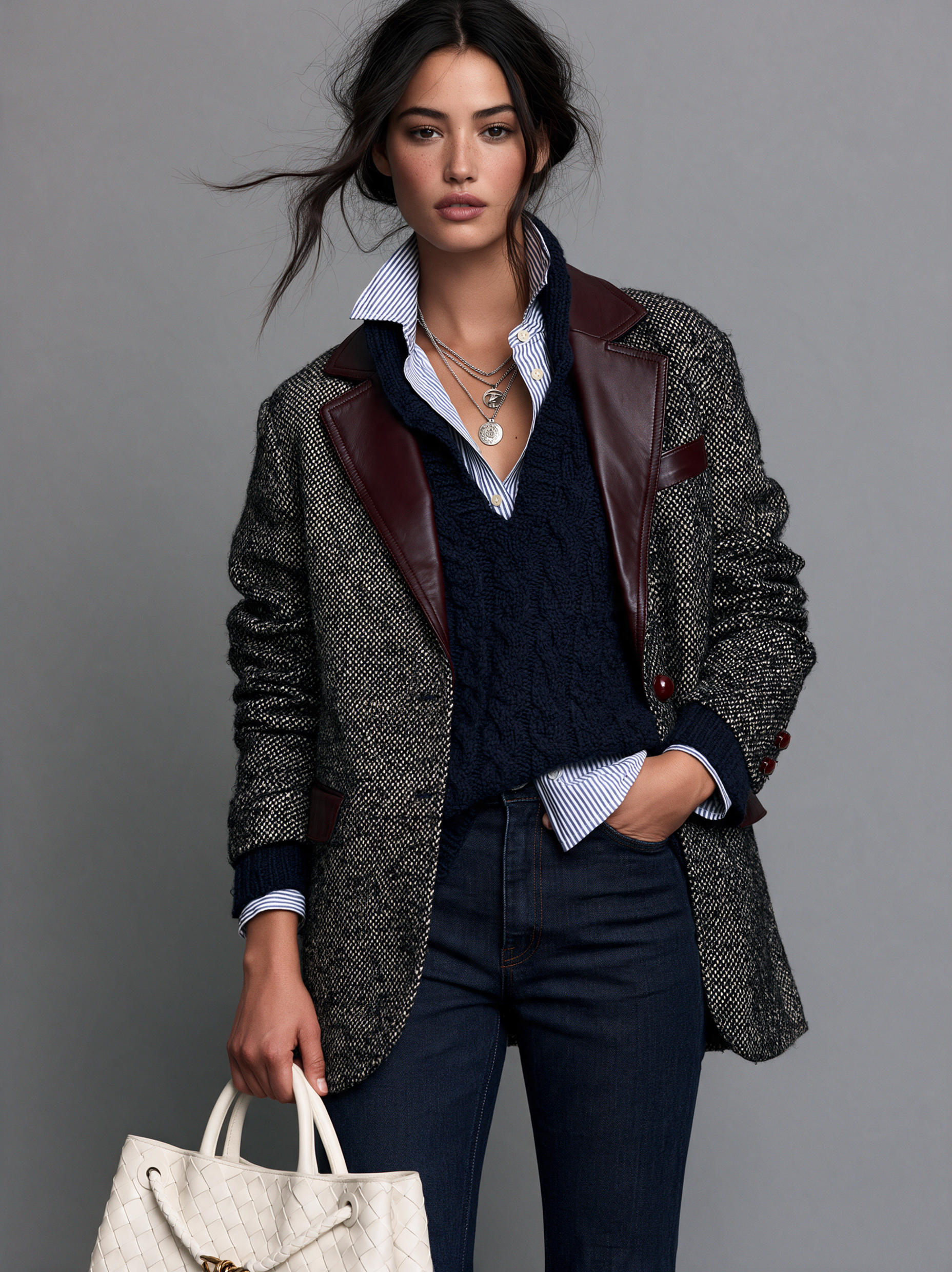 Women's Vintage-Style Wool-Blend Blazer With Panel Leather Lapel