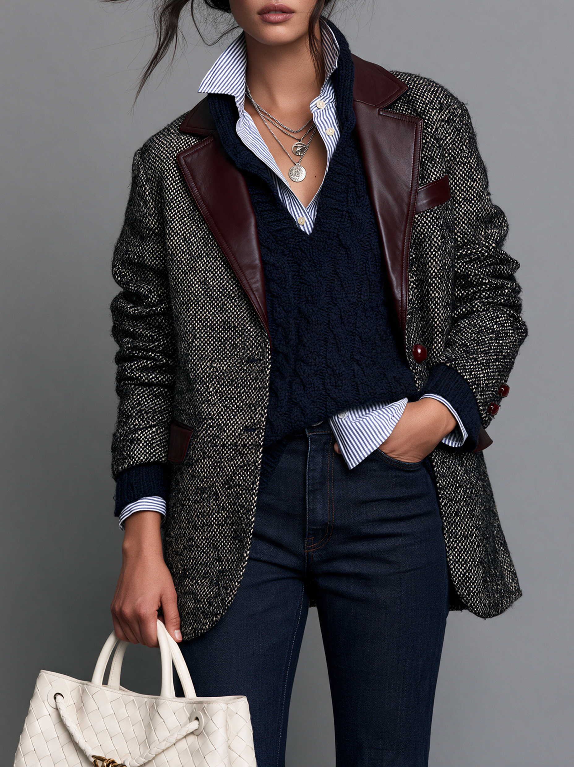 Women's Vintage-Style Wool-Blend Blazer With Panel Leather Lapel