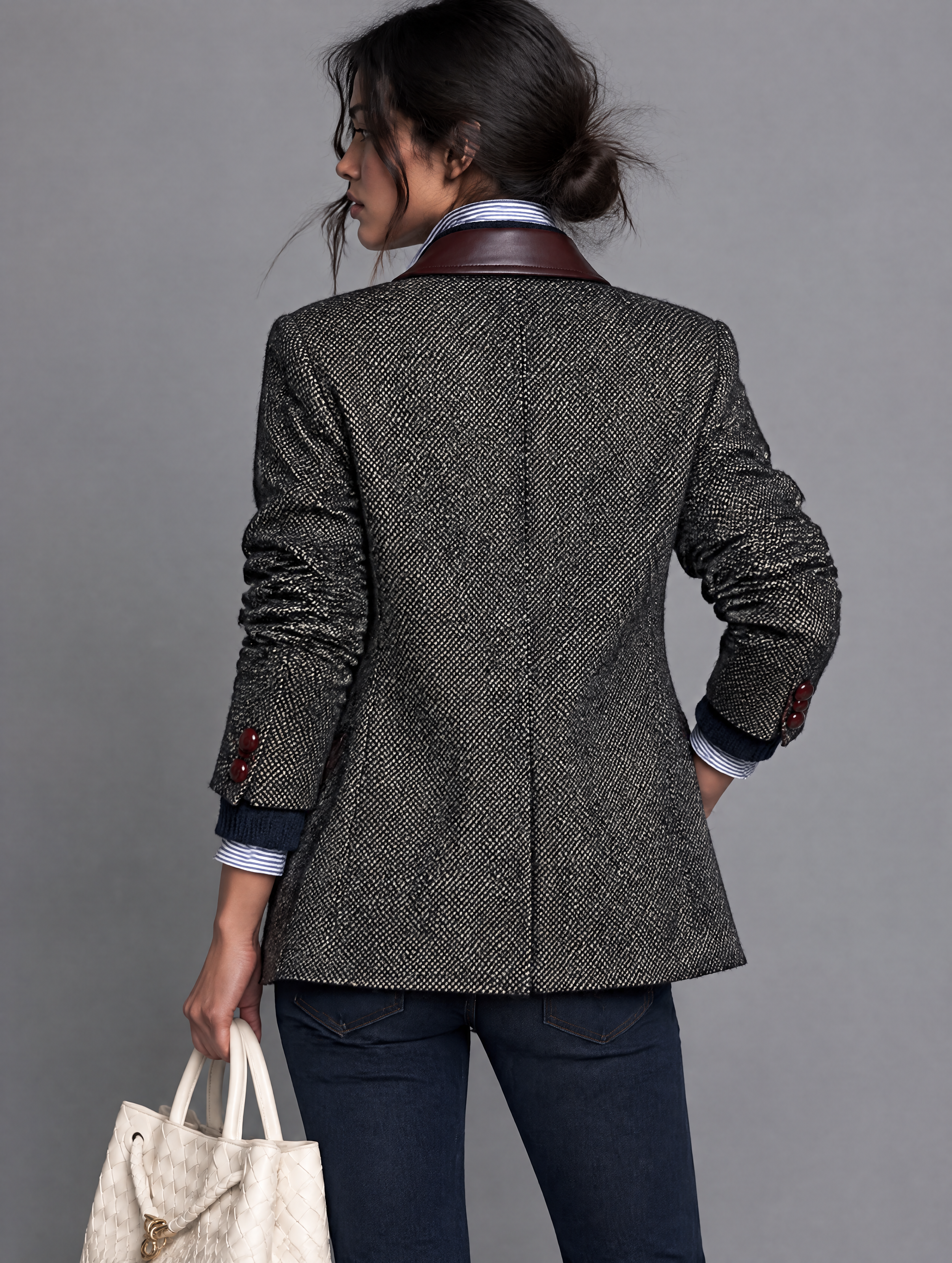Women's Vintage-Style Wool-Blend Blazer With Panel Leather Lapel
