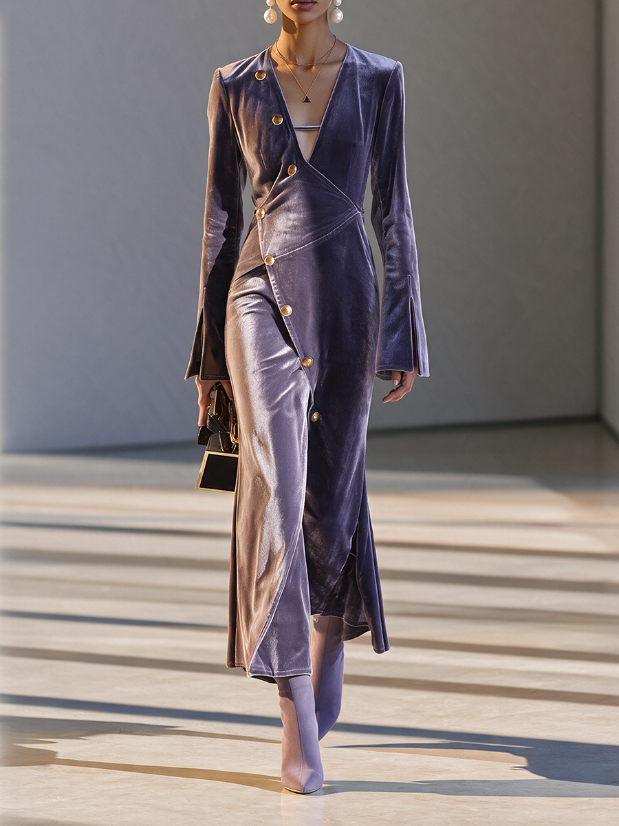 Women's V‑Neck Wrap‑Style Velvet With Diagonal Gold Buttons & Flared Sleeves Maxi Dress