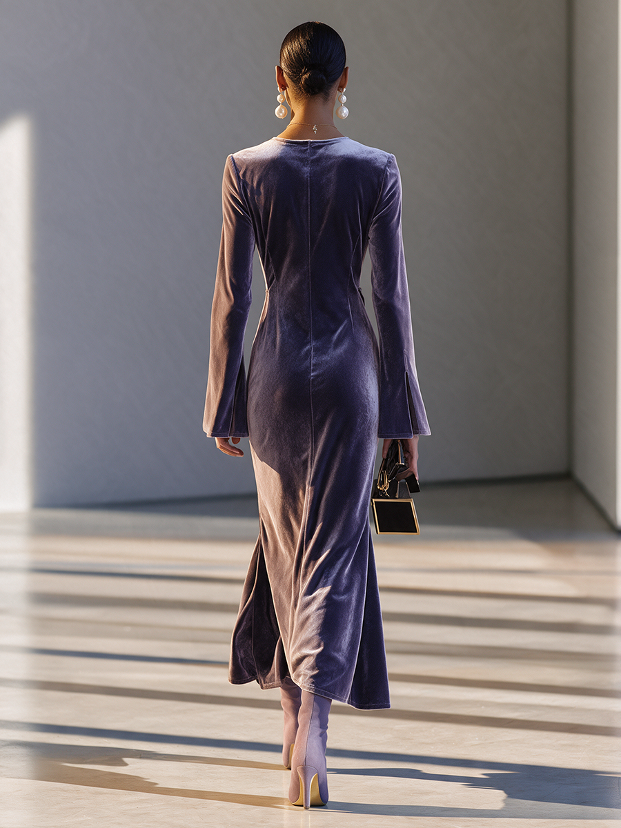 Women's V‑Neck Wrap‑Style Velvet With Diagonal Gold Buttons & Flared Sleeves Maxi Dress