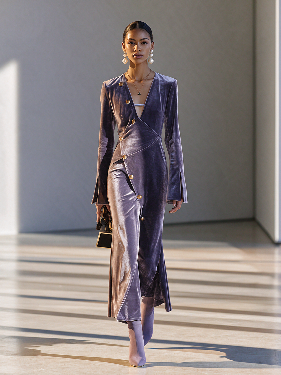 Women's V‑Neck Wrap‑Style Velvet With Diagonal Gold Buttons & Flared Sleeves Maxi Dress