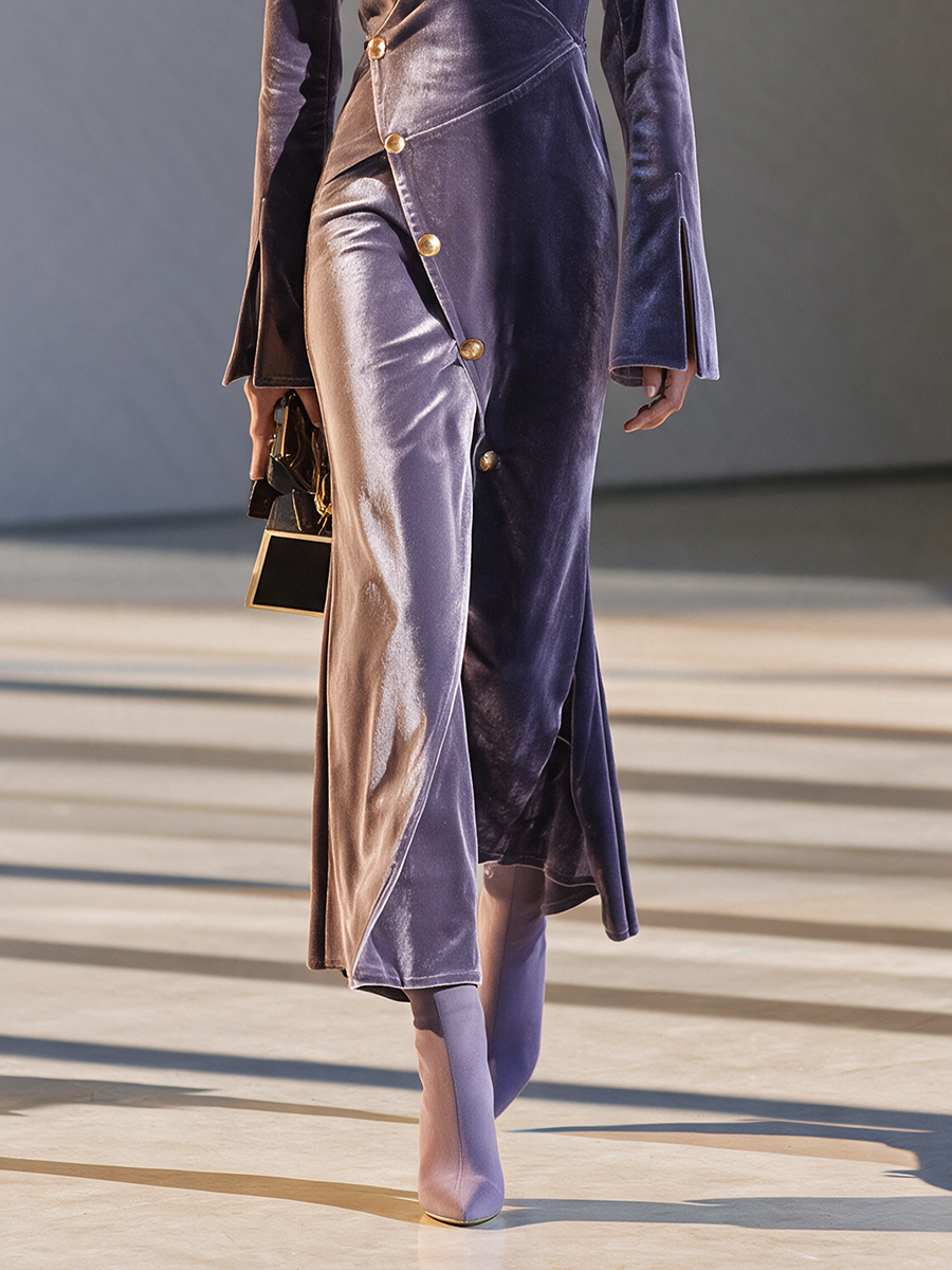 Women's V‑Neck Wrap‑Style Velvet With Diagonal Gold Buttons & Flared Sleeves Maxi Dress