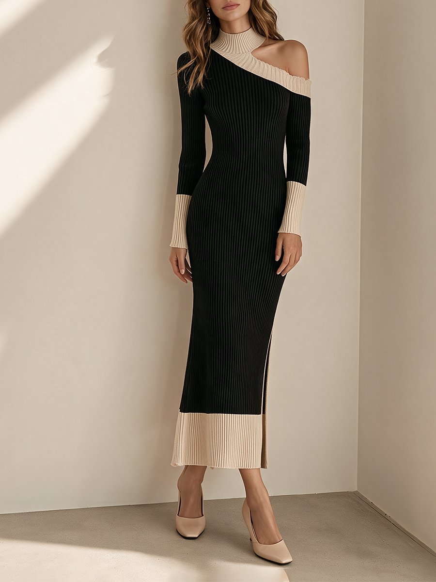 Women's Mock-Neck Asymmetric Cold-Shoulder Colorblock Ribbed Knit Maxi Dress